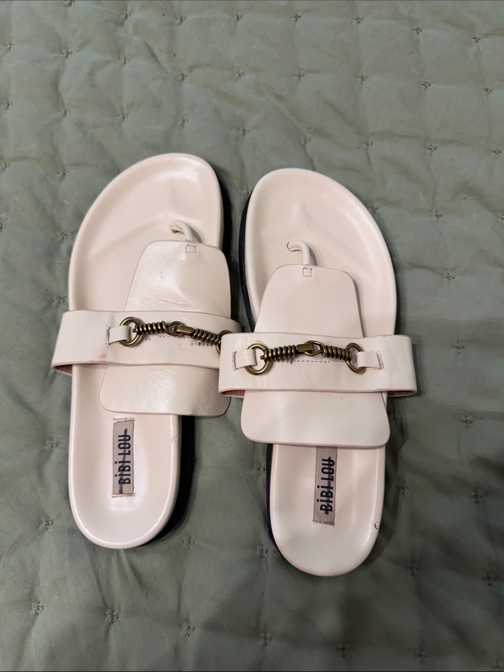 Bibi-Lou Cream Slide Sandals with Gold Horsebit Accent